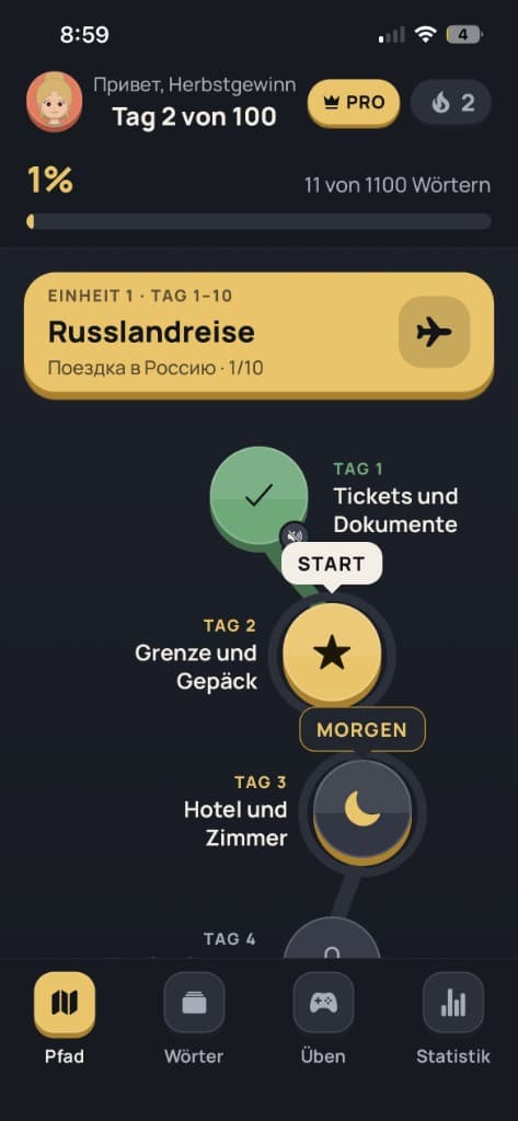 Bili Lernpfad: Tag 2 von 100, Einheit 1 Russlandreise